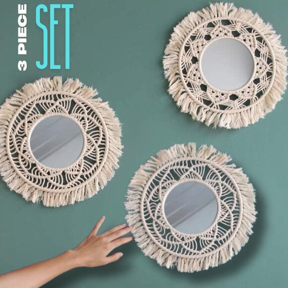 THREE (3)PC Set of Wall Mirrors Boho Beige Macrame Bohemian Global Decor NEW NIB - Picture 10 of 11